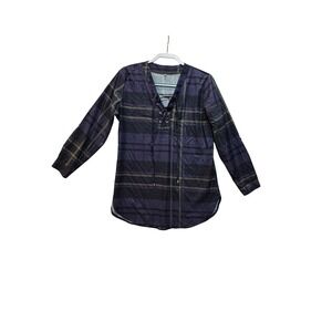 Womens Long Sleeve Plaid‎ Lace Up Tunic Shirt Size L